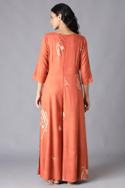 W Orange Floral Printed Stylised Jumpsuit for Women