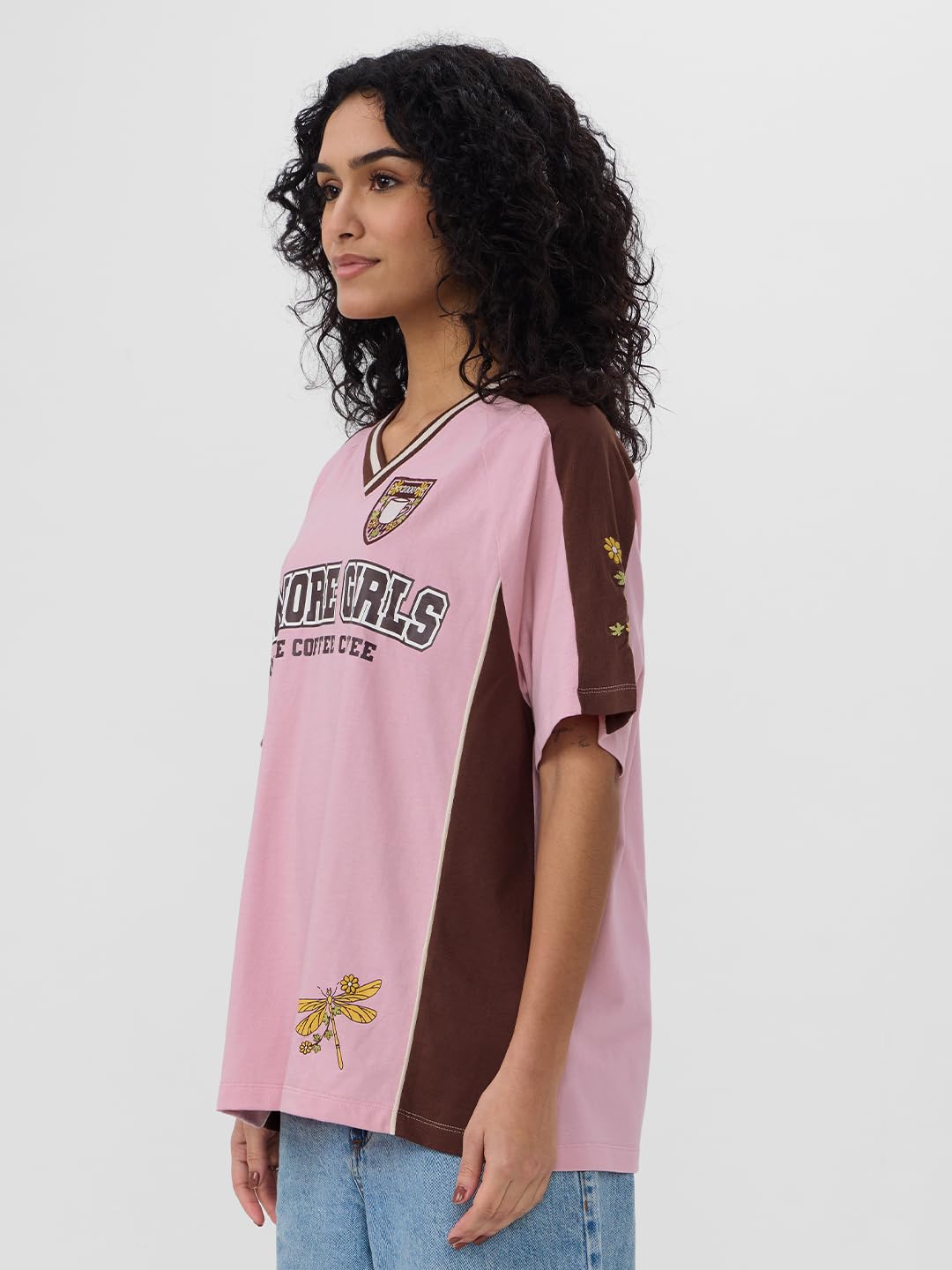 The Souled Store Gilmore Girls: Coffee Women and Girls Short Sleeves V Neck Pink Graphic Printed Cotton Oversized T-Shirts