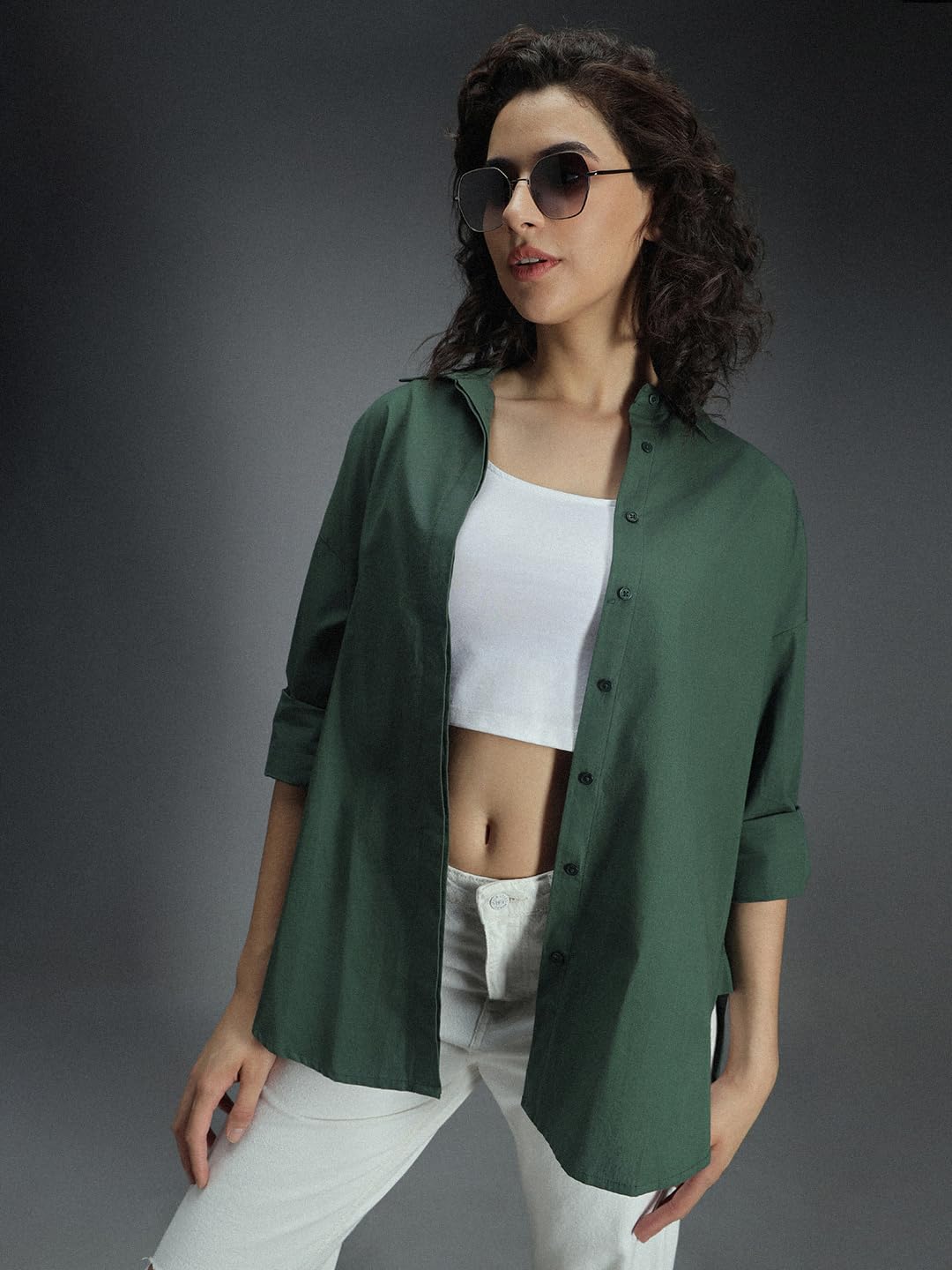 High Star WomenS Solid Oversized Fit Shirt (Hswshs23001_Green 1
