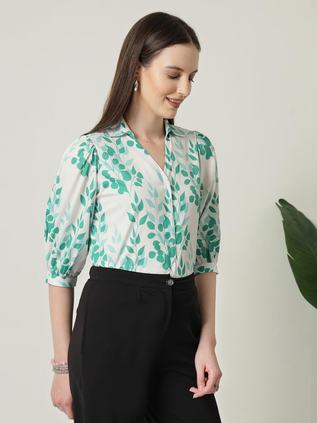Style Quotient Women White and Green Floral Printed Polycrepe Regular Fit Formal Shirt
