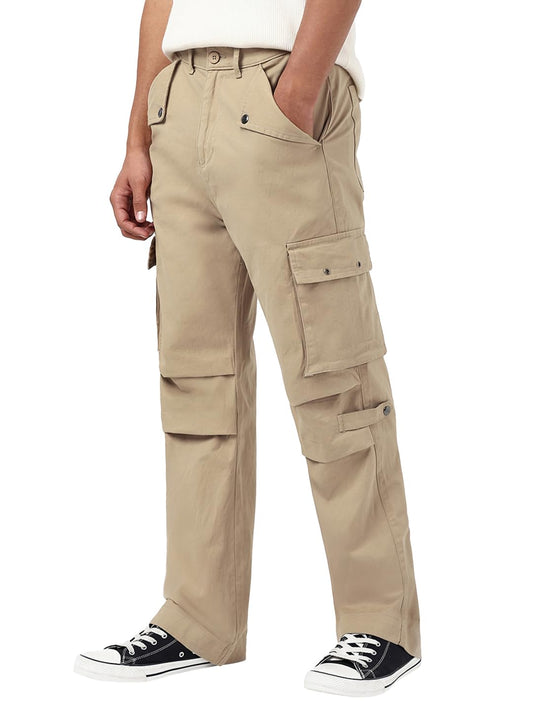 Bewakoof Mens Solid Straight Fit Cotton Lycra Blend Pant_664158_Beige_28