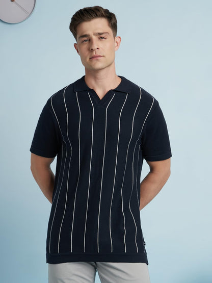 Dennis Lingo Men Cotton Regular Fit Striped T-Shirts Navy Blue