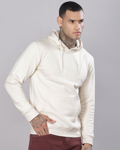 ADRO Men's Cotton Neck Hooded Sweatshirt (H24-M-PLN-WS_White Sand
