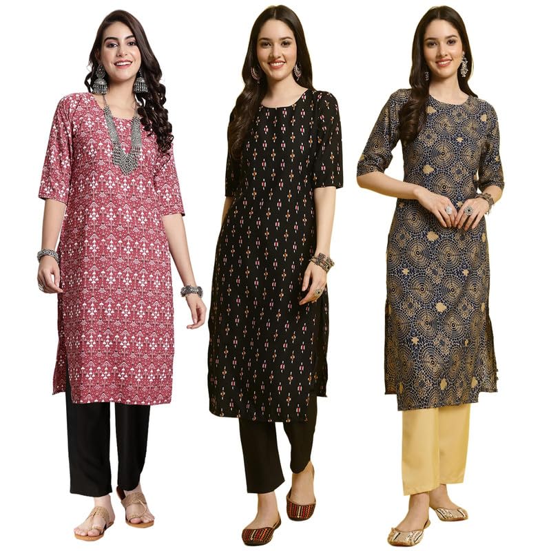Pinkmint WomenS Crepe Printed Kurta And Pant Set (Pack Of 3)