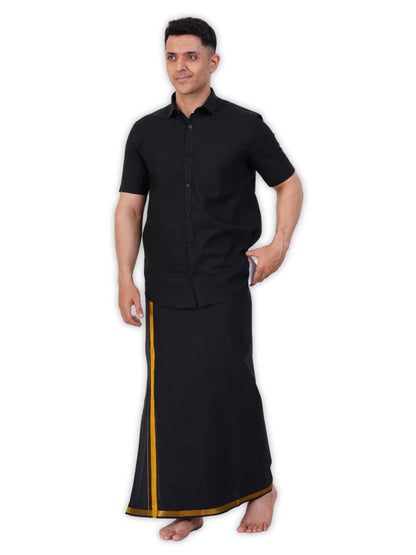 PRAKASAM COTTON Mens Flexi Readymade Black Jari Border Dhoti + Half sleeve Black Shirt for mens