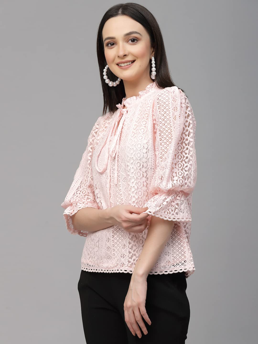 Style Quotient Women Peach Self Design Lace Regular Smart Casual Tops