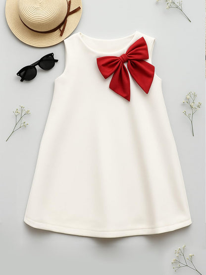 A.T.U.N. (ALL THINGS UBER NICE) Girls Stylish Suzy Dress with Contrast Bow | Sleeveless Soft Stretchable Knee Length Dress White