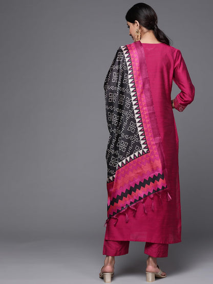 Varanga Magenta Silk Kurta Set For Women  Elegant Woven Yoke, Gota Embellishment, Elasticated Trouser, Side Slits  Stylish & Com