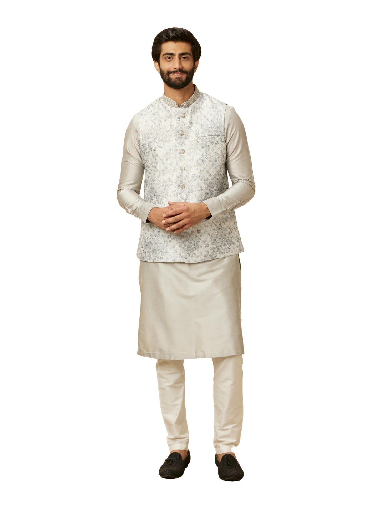 Manyavar Grey Art Silk Foil Print Kurta Jacket Set