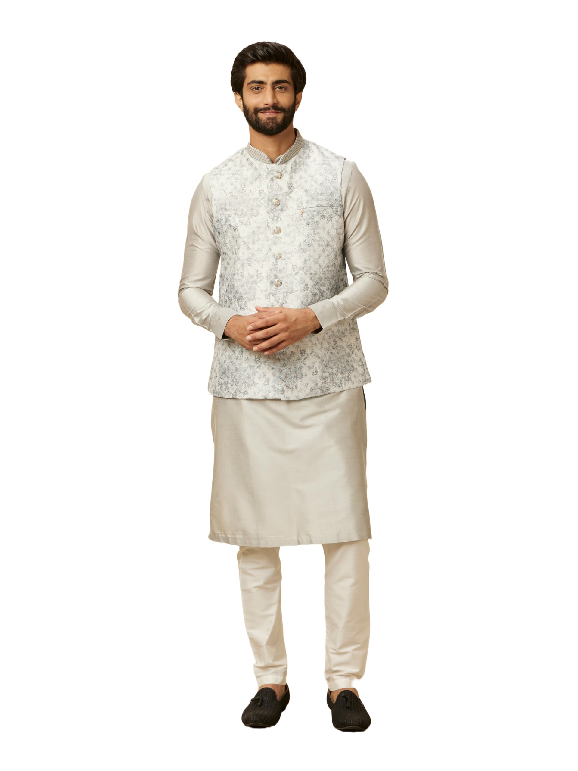 Manyavar Grey Art Silk Foil Print Kurta Jacket Set