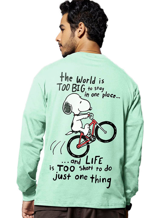 Bewakoof Mens Cotton Move On Graphic Printed T-Shirt, Oversized Fit, Round Neck, Full Sleeve_587155_Green_Medium