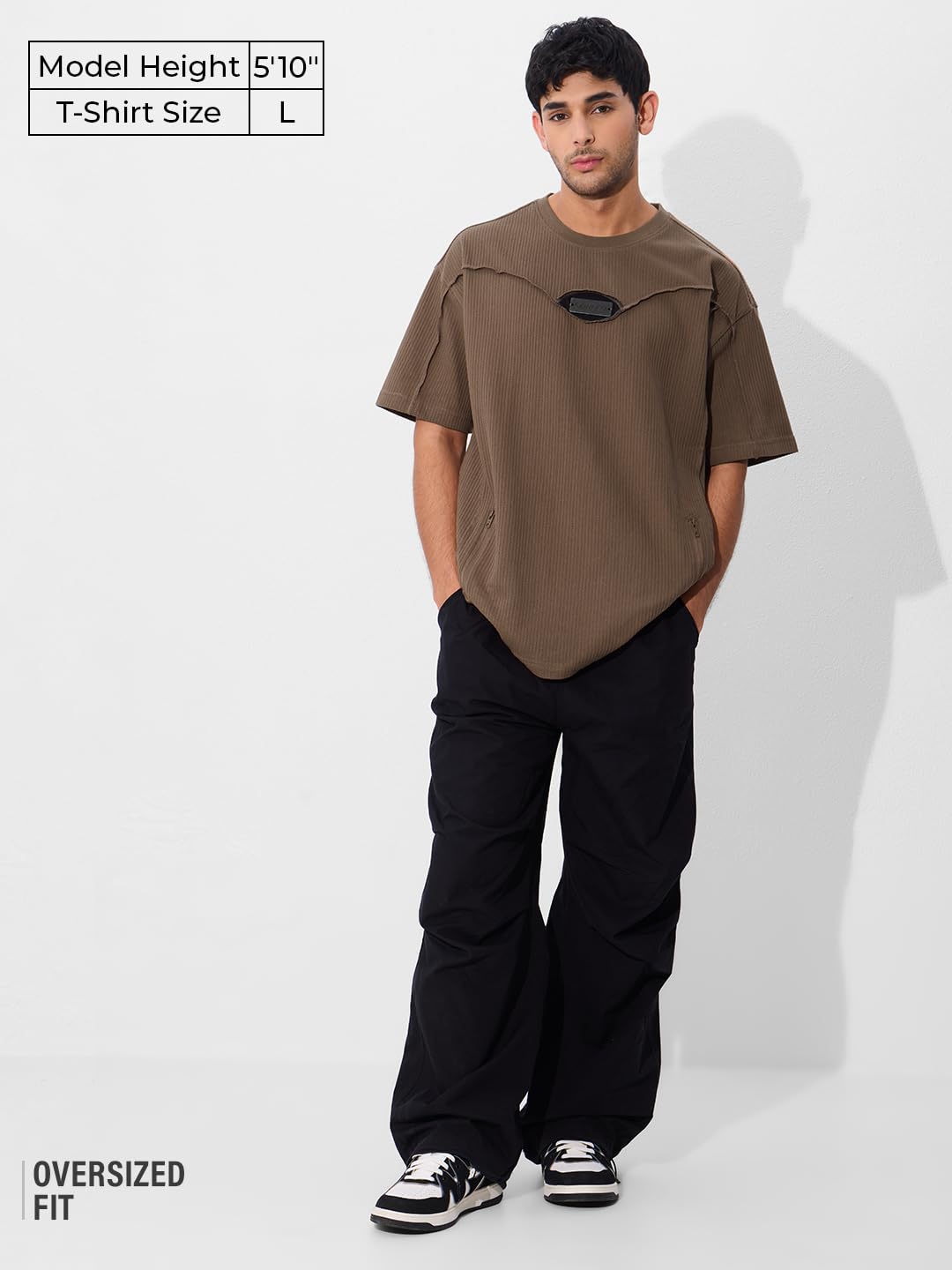 The Souled Store Originals : Textured Mocha Oversized T-Shirt for Men Boys Cotton Casual Half Sleeves Baggy Loose Fit Drop Shoul