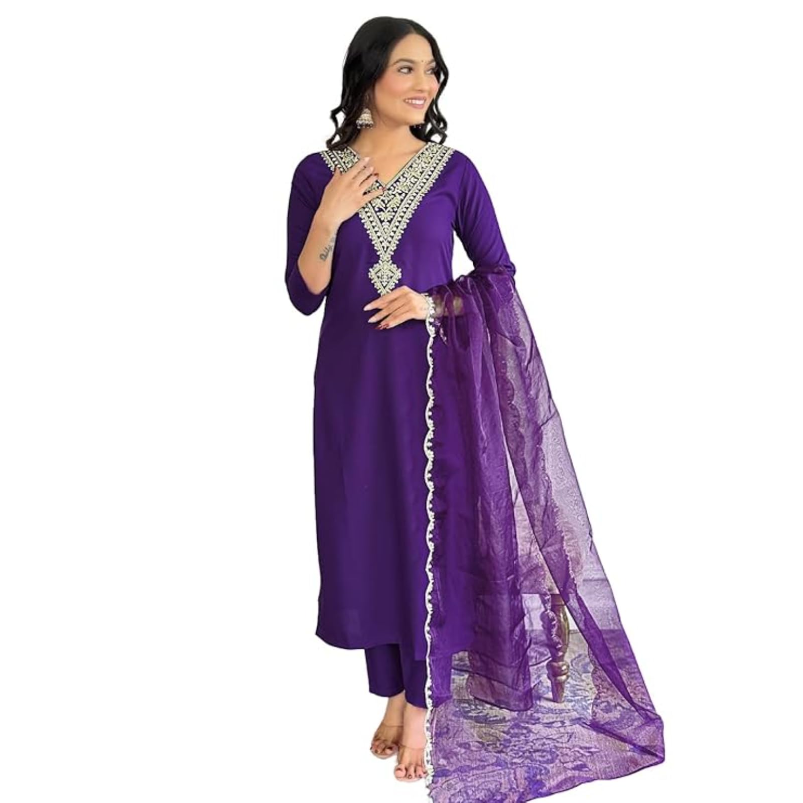 Naixa WomenS Violate Rayon Slub Embroidered Straight Kurta With Rayon Slub Pant And Organza Laced Dupatta Sets (Nx-575-Violate-
