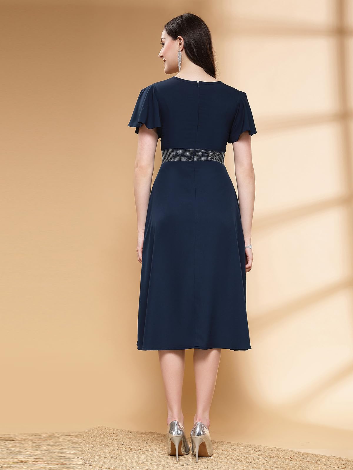 Selvia WomenS Western Dress | Stone Work Flutter Sleeve Crepe Western Dress For Women | Round Neck A-Line Dress For Women | One