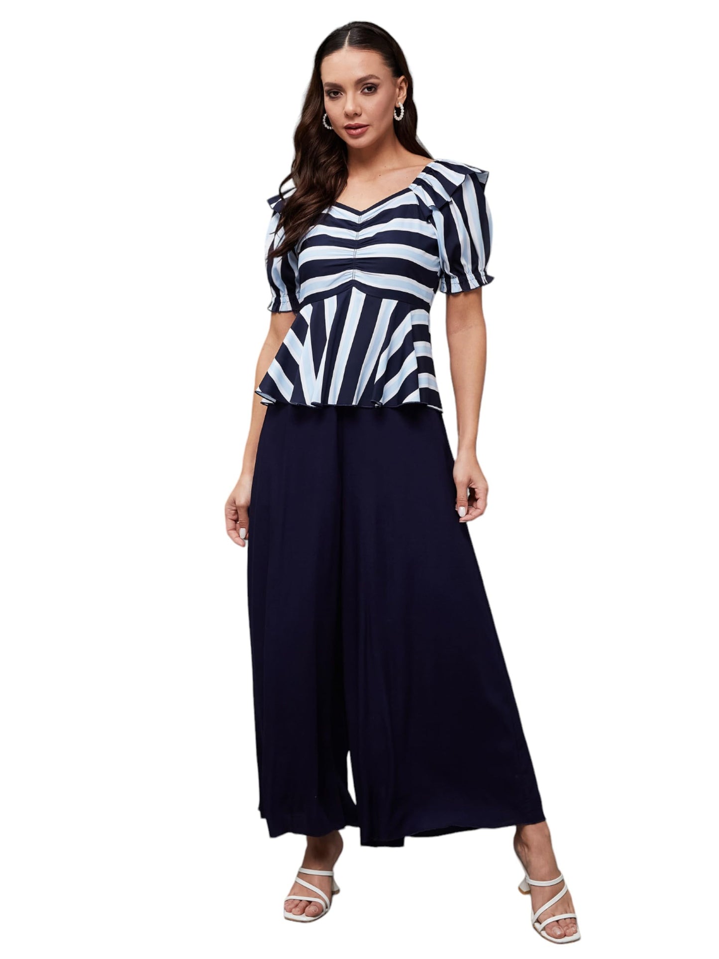 Miss Chase Womens Sweet Heart Neck Half Sleeve Striped Peplum Jumpsuit (MCSS25D93-82-178-03, Multicolored Base Navy Blue, S)