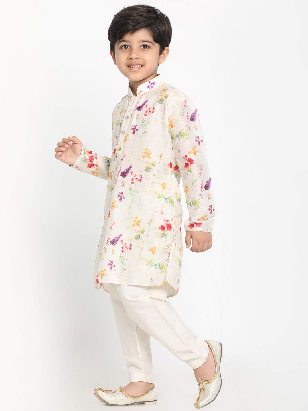 Vastramay Boys Perfect Spring Edit Floral Design Digitally Printed Kurta With Bling Buttons & Singara Border, Relaxed Pyjama Se