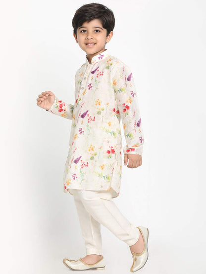 Vastramay Boys Perfect Spring Edit Floral Design Digitally Printed Kurta With Bling Buttons & Singara Border, Relaxed Pyjama Se