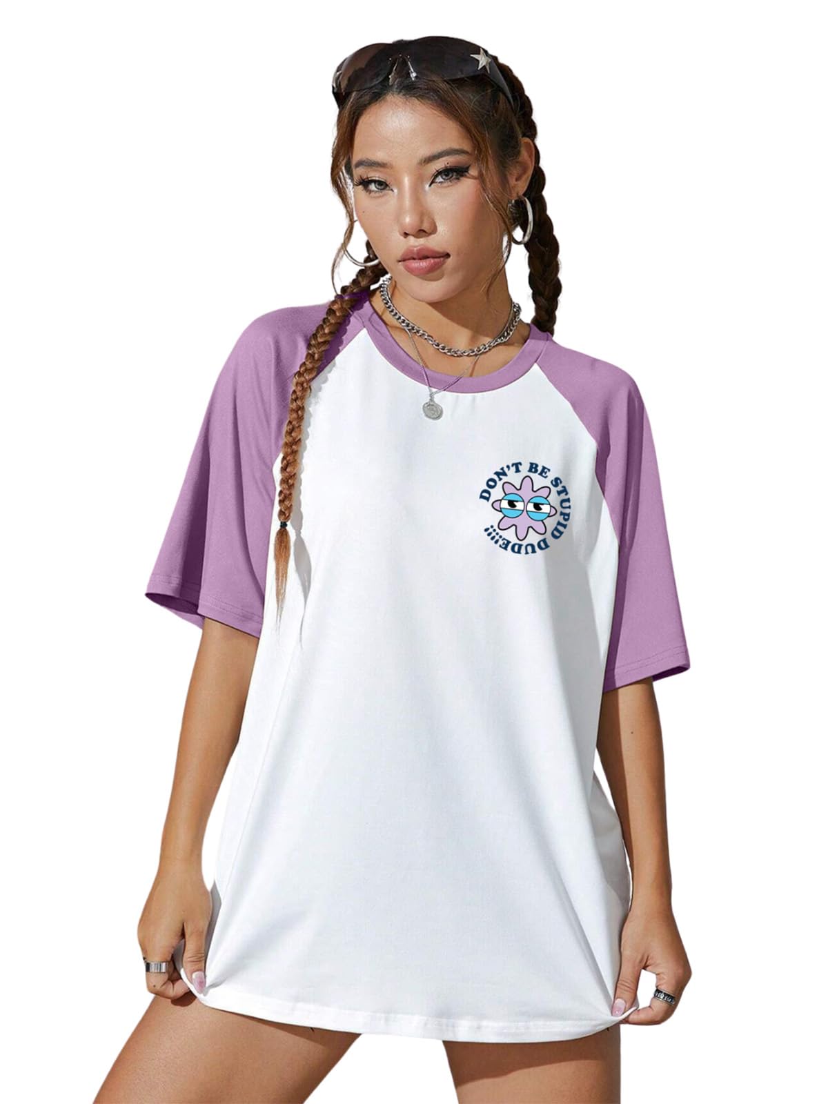 Juneberry 100% Pure Cotton Oversized Baggy Fit Drop Shoulderlilacgraphic Printed Raglan Sleeves Boyfriend T-Shirt For Women & Gi