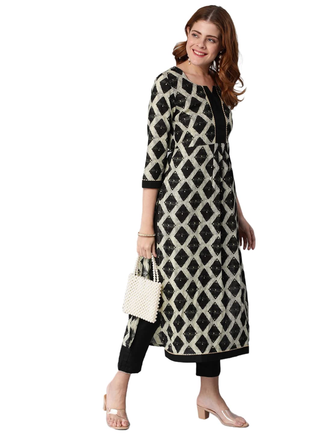 ANNI DESIGNER Womens Cotton Blend Straight Floral Printed Kurta & Pant (Chix Black-Sm_M_Black_Medium)