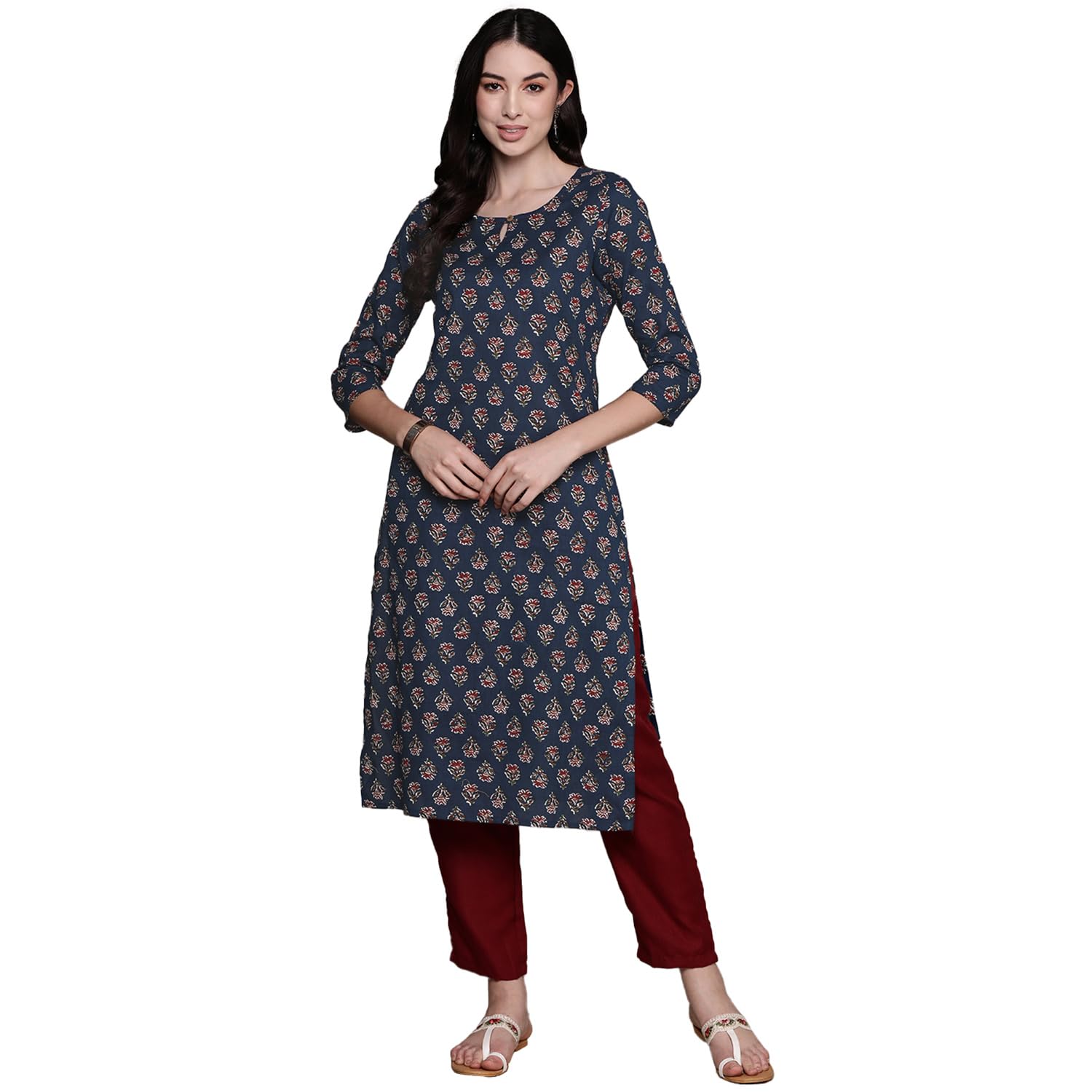 anubhutee Women's Cotton Floral Maroon Straight Kurta