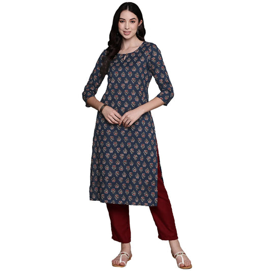 anubhutee Women's Cotton Floral Maroon Straight Kurta