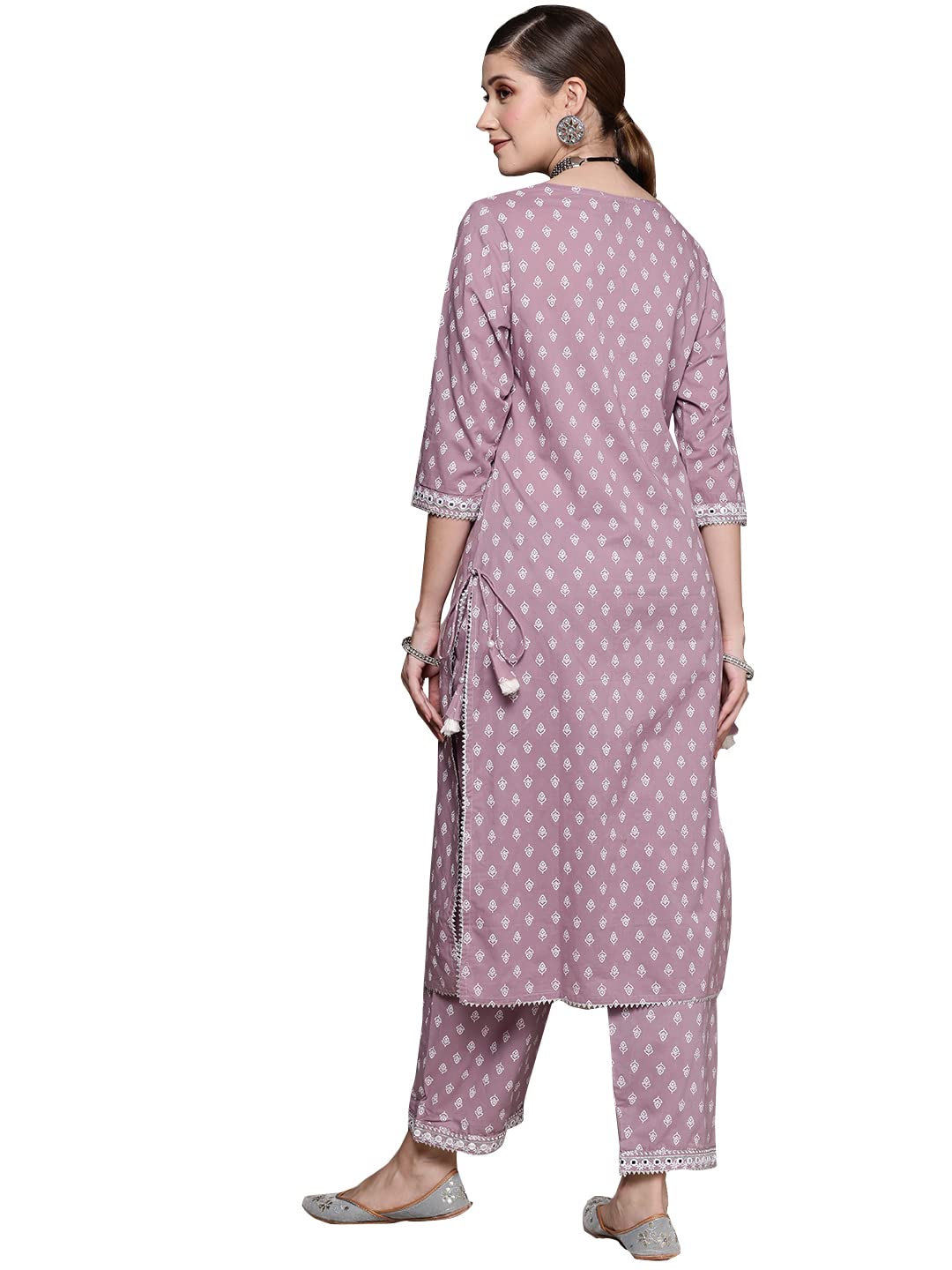 ishin Women's Purple Embellished A-Line Kurta Set With Palazzo