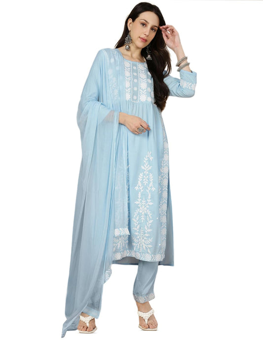 Kaari Rayon Embroiderery A-Line 7525 WomenS Kurtas & Kurtis (Kaaaw24Wskd-70018_Aasman Blue