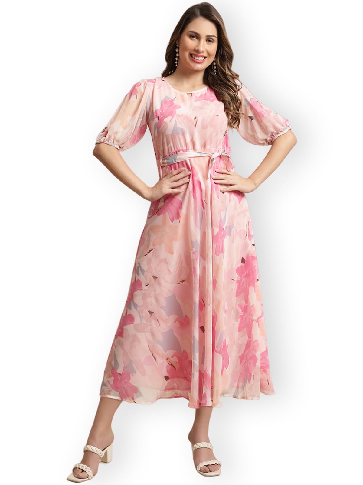 Preneum WomenS Maxi Fit & Flare Latest Style Print Georgette Regular Sleeves Casual Summer Maxi Dress || Festival & Occasion, R