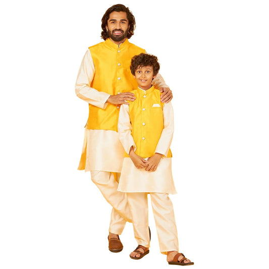White Silk Kurta With Gold Bandi Pajama Set For Men