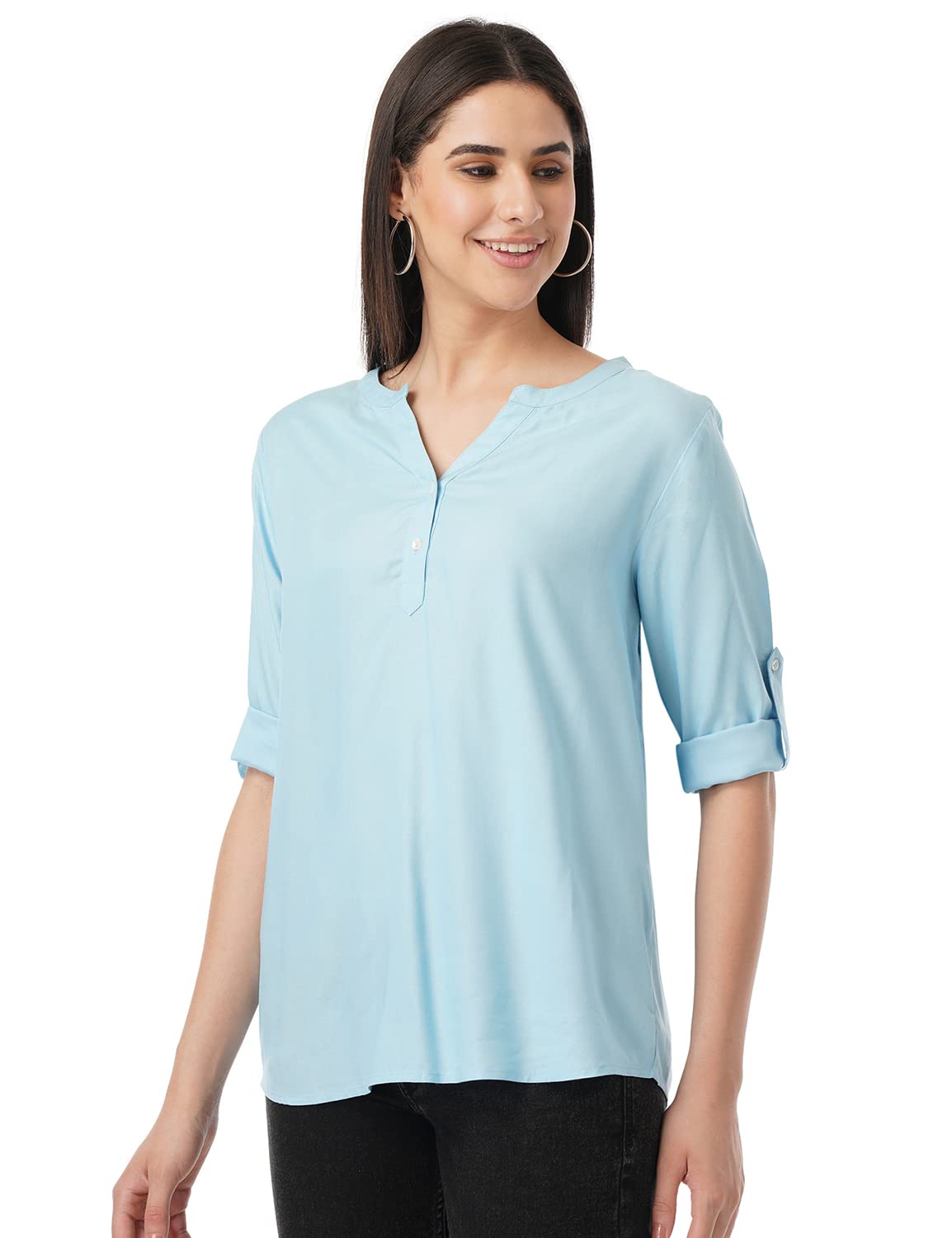 FYLTR Womens Fashion V-Neck Top with Roll-up Sleeves