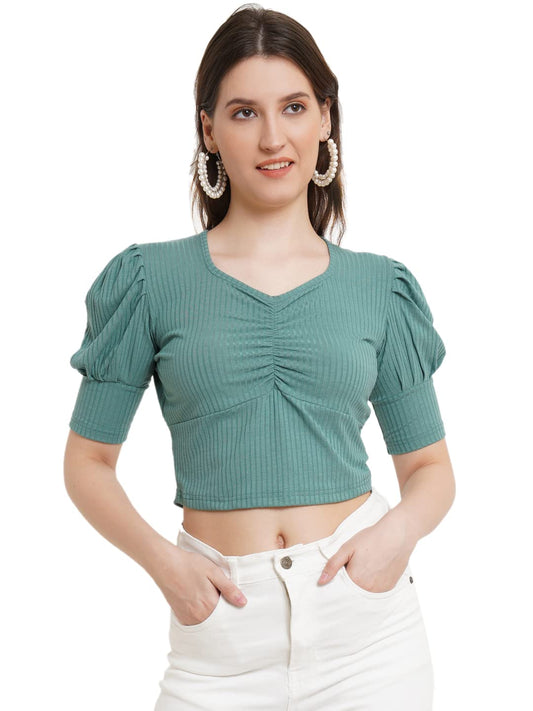 POPWINGS Solid Ribbed Slim Fit Crop Tops for Women | Polycotton Stylish Western 3/4 Puff Sleeves Casual and Summer Crop Tops for