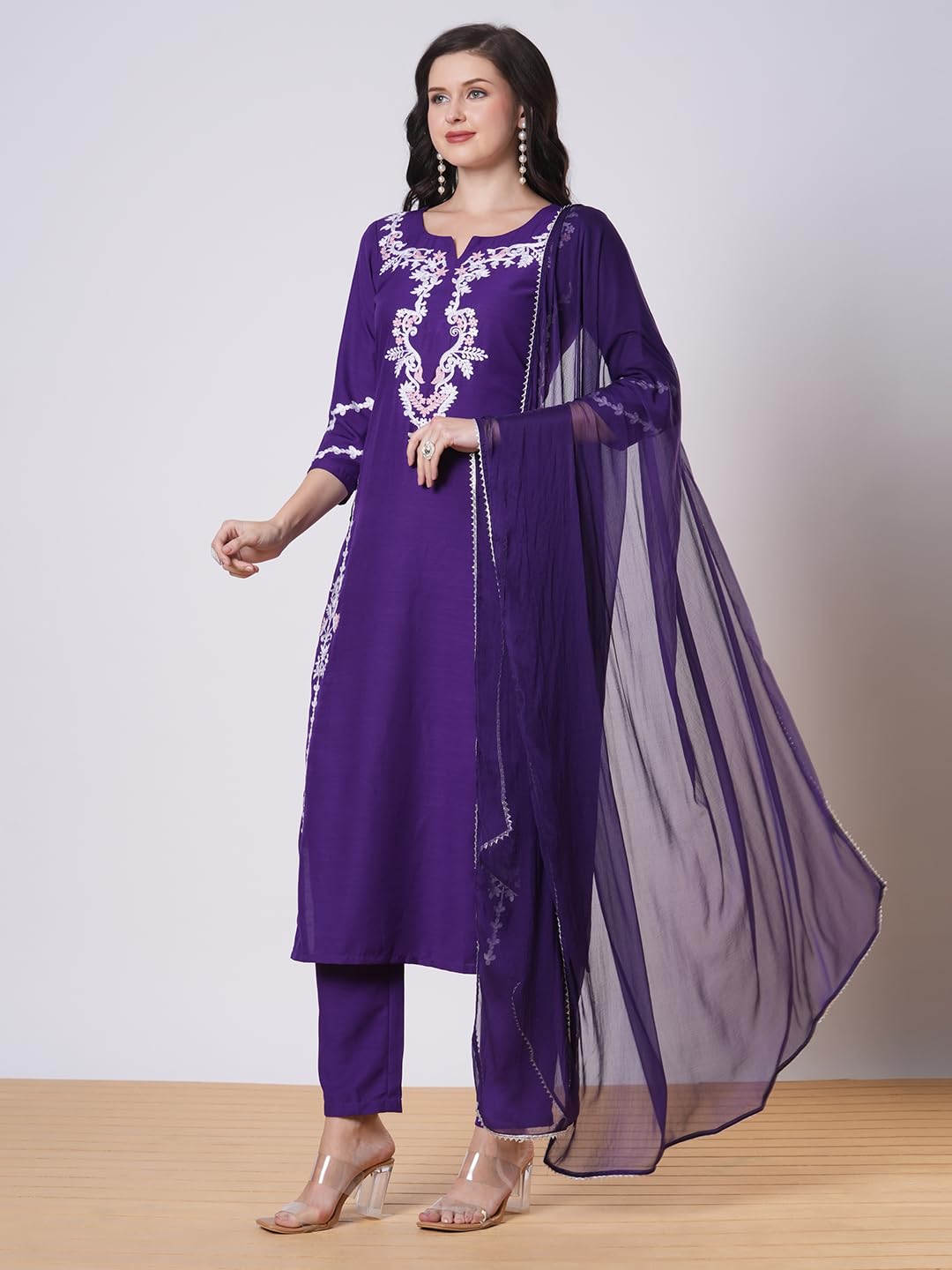 Gosriki WomenS Rayon Viscose Embroidered Straight Kurta With Pant & Dupatta (Jayashuda Begani-Vks02-Gs_Xxl_Begani_Xx-Large)