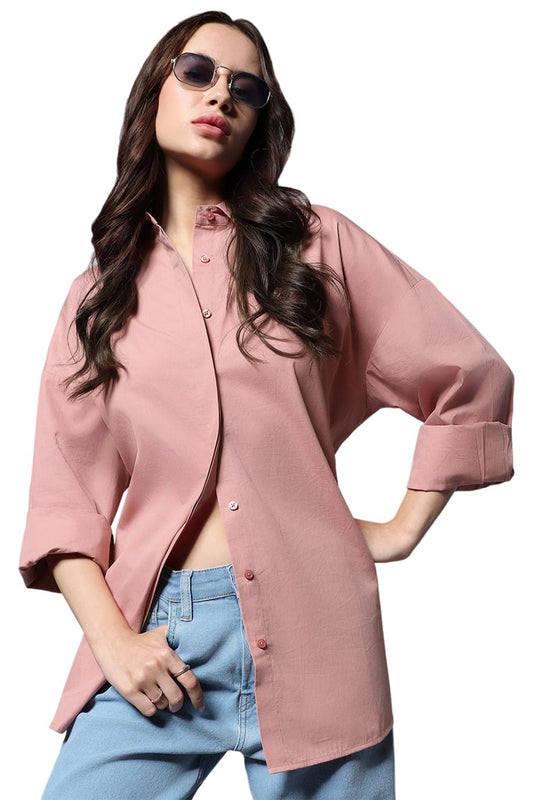 High Star WomenS Cotton Solid Oversized Fit Shirt (Hswshs23001_Pink_1)