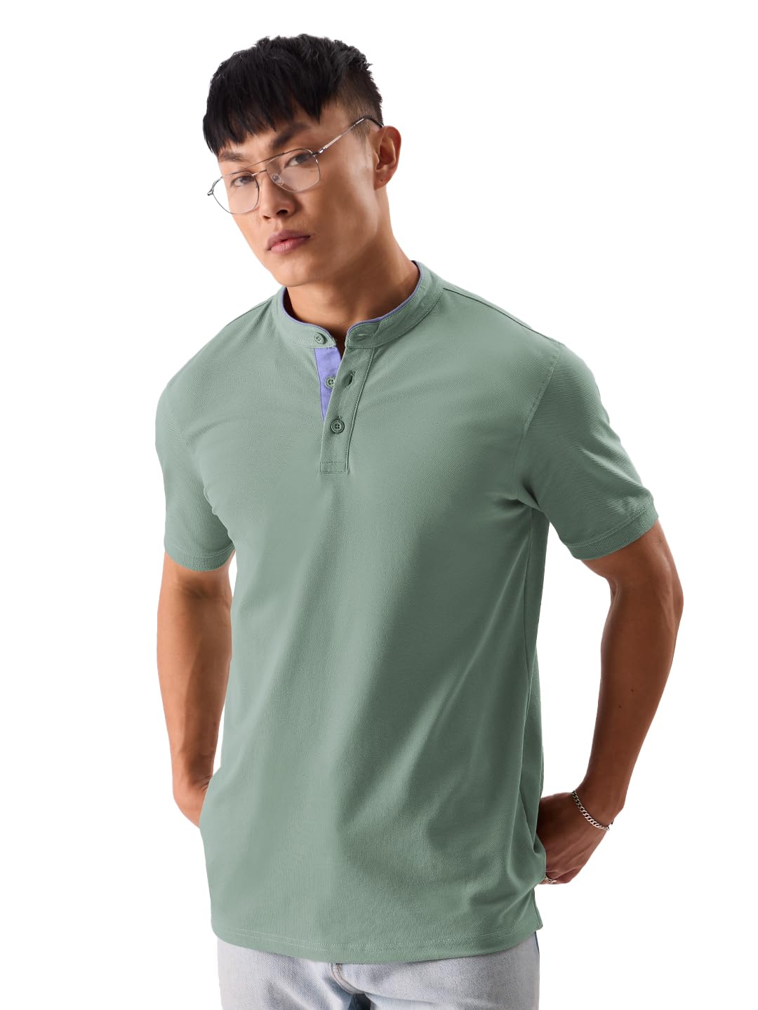 The Souled Store Solids: Sage Green Mens Regular Fit Solid Half Sleeve Cotton Green Mandarin Polos Mandarin Polos Fashionable Tr