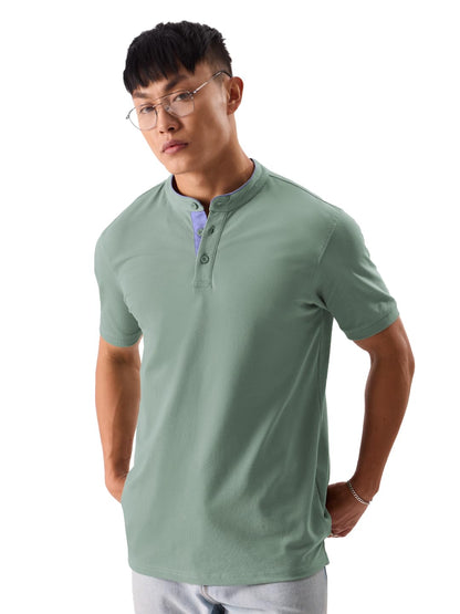 The Souled Store Solids: Sage Green Mens Regular Fit Solid Half Sleeve Cotton Green Mandarin Polos Mandarin Polos Fashionable Tr