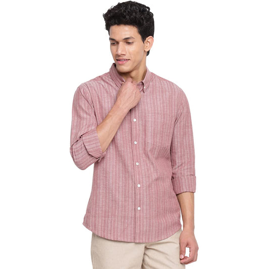 Fabindia Men Cotton Striped Slim Fit Shirt Pink