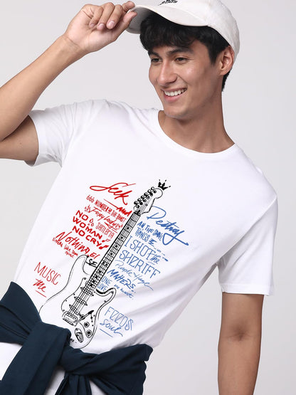 ADRO Guitar Design Printed T-Shirt for Men - 100% Cotton, Regular Fit, Soft Breathable Fabric. (RN23-M-GTR-WH_White)