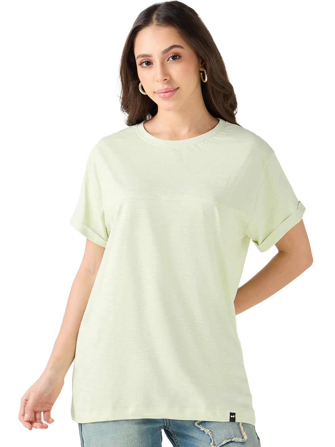 Bewakoof Air 1.0 Womens Solid Boyfriend Fit Half Sleeve Round Neck Cotton T-Shirt_ 582068 Green S