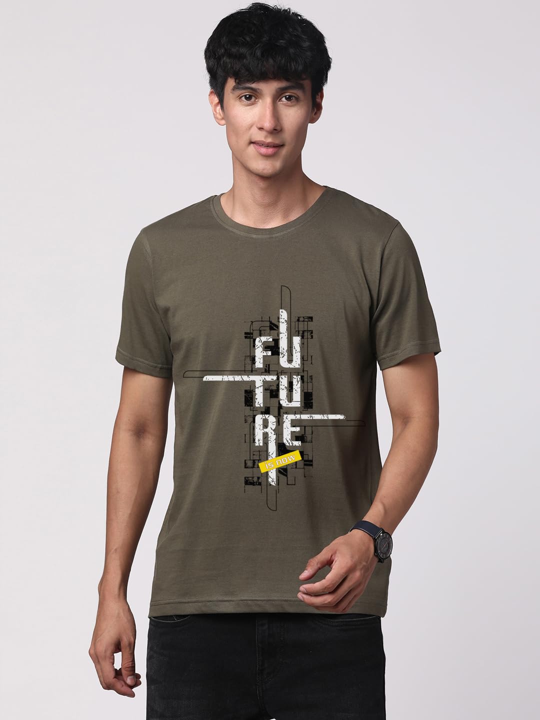 ADRO Men's Graphic Printed 100% Cotton T-Shirt - Regular Fit, Printed T-Shirts for Men (RN24-FTR-OL_Olive)