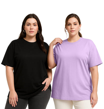 Juneberry 100% Pure Cotton Oversized Baggy Fit Drop Shoulder Solid Core Plus Size T-Shirt Combo For Women (Pack Of 2) (Po2_Jb_Ps