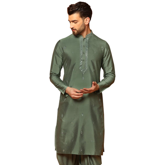 Kisah Cotton Kurta For Men, Full Sleaves, Knee Length, Straight, Regular Fit, Mandarin Collar, Geometric Embroidered Mirror Work