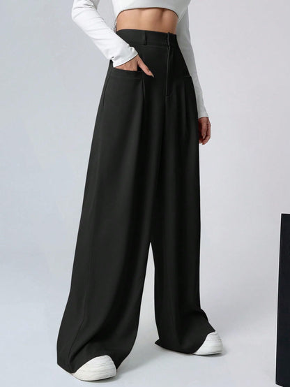 Shasmi Women & Girls Solid Black Color Loose Fit, Pleated Trousers, Wide Leg Pocket Casual Long Korean Trousers Pant (Pant 146 B