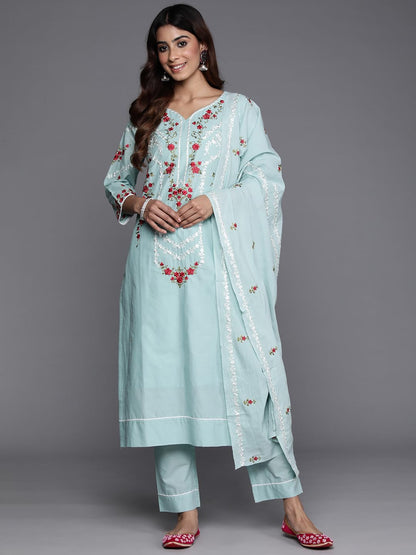 Varanga Women Sea Green Thread And Beads Embroidered Kurta With Tonal Bottom And Dupatta