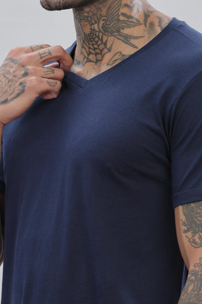 ADRO Men's V Neck Solid Cotton T-Shirt (VN-M-PLN-NB_Navy)