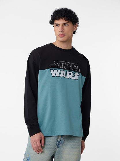 The Souled Store Star Wars: Fastest Ship Men and Boys Round Neck Blue and Black Graphic Printed Cotton Oversized Full Sleeve T-S