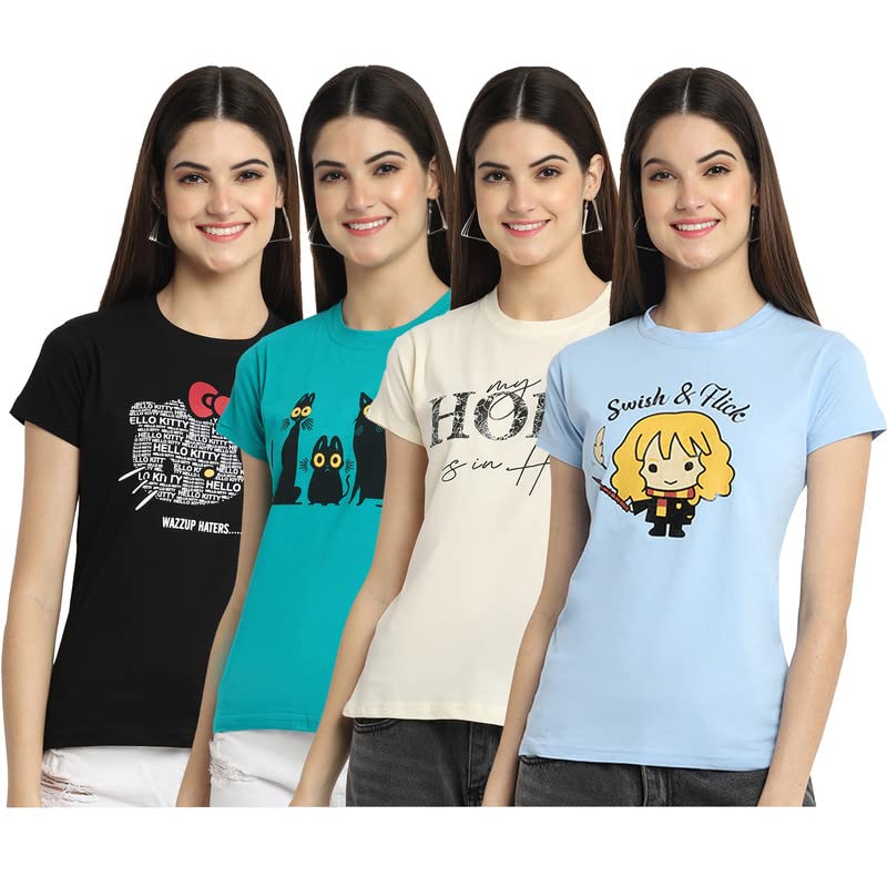 Preneum Womens Cotton Regular Fit Latest Graphic Stylish Printed Short Sleeves Casual T-Shirt || Trendy Designs & Stylish (Pack