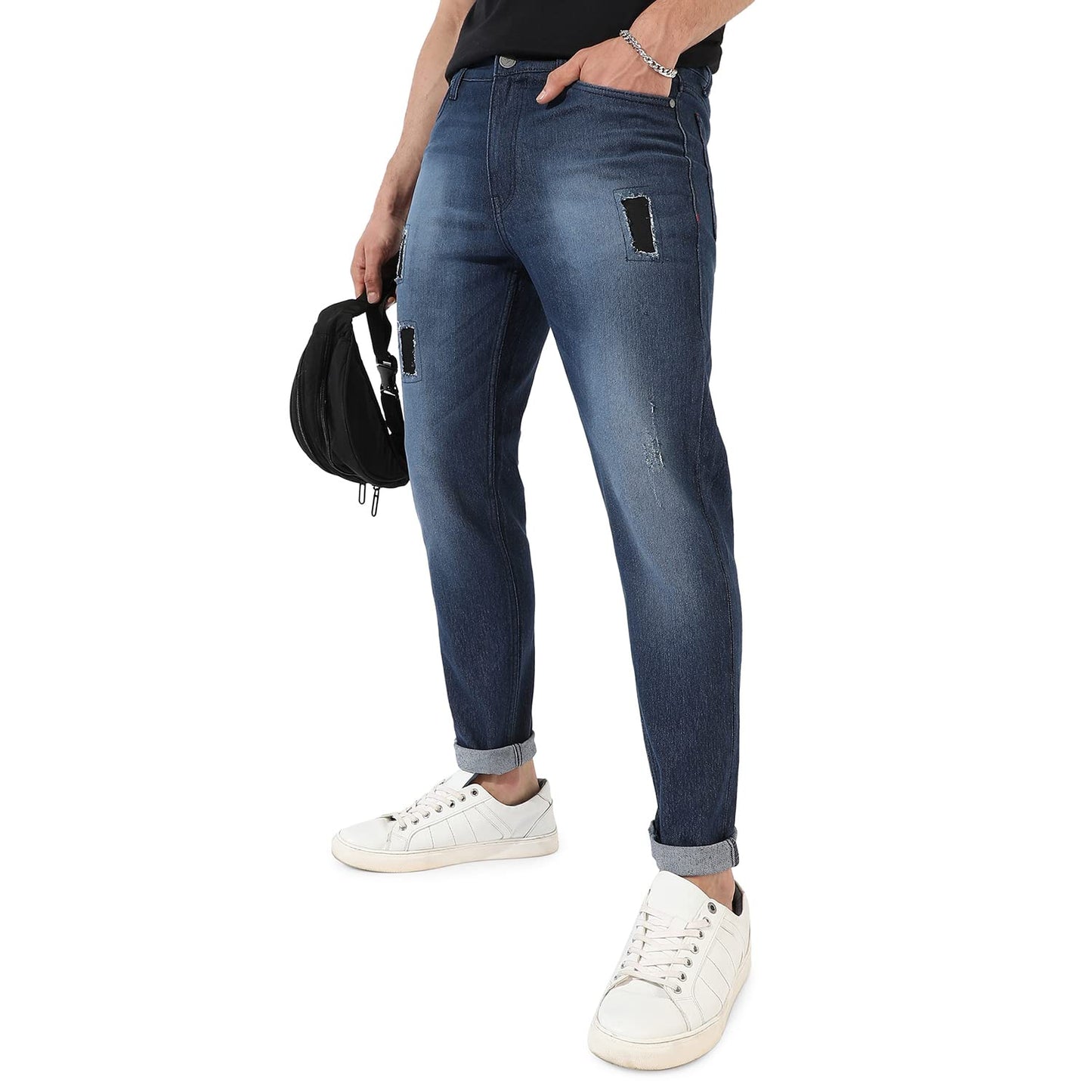 Campus Sutra Mens Classic Dark-Washed Navy Blue Distressed Patterned Denim Jeans | Regular Fit | Premium Stretchable Cotton Mid