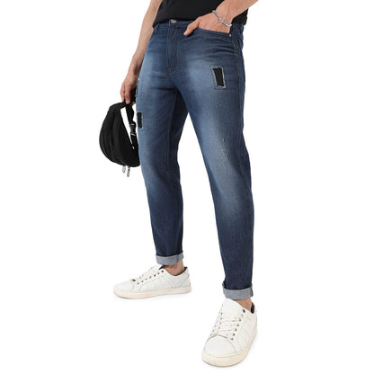 Campus Sutra Mens Classic Dark-Washed Navy Blue Distressed Patterned Denim Jeans | Regular Fit | Premium Stretchable Cotton Mid