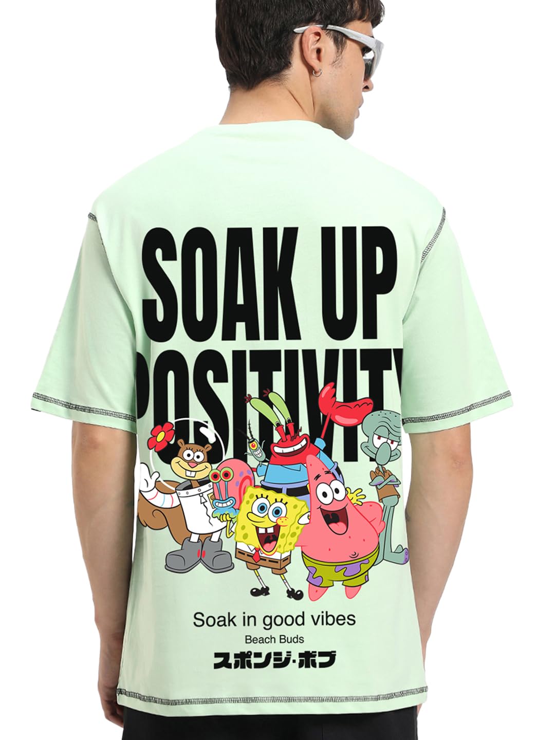 Bewakoof Official Spongebob Merchandise Mens Graphic Print Oversized Fit Half Sleeve Round Neck Cotton Jersey T-Shirt_648704_Gr