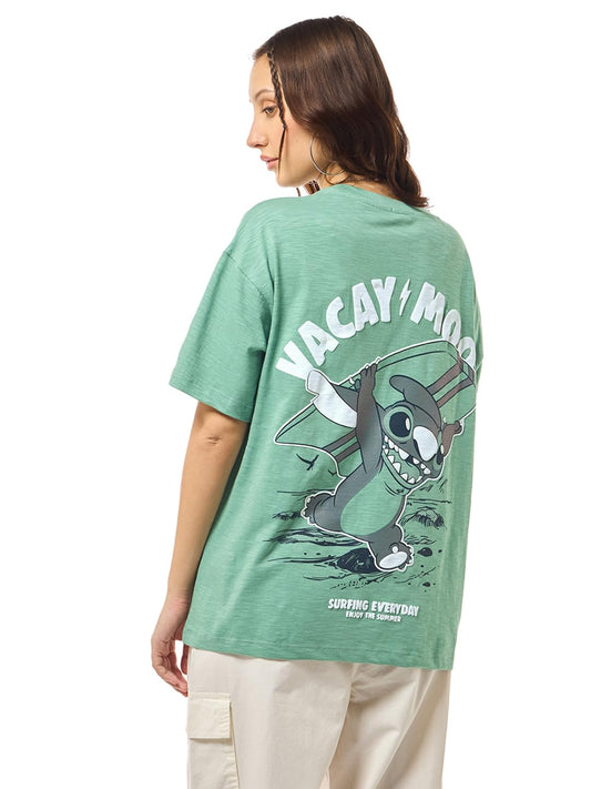 Bewakoof Air 1.0 Official Disney Merchandise Stich Womens Graphic Printed Oversized Fit Half Sleeve Round Neck Cotton Slub T-Sh